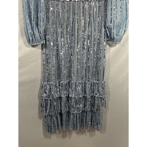 NWT MAC DUGGAL [ 8 ] 23006 Long‎ Sleeve Deep V Tiered Ruffle Sequin Dress Slate - Picture 12 of 16